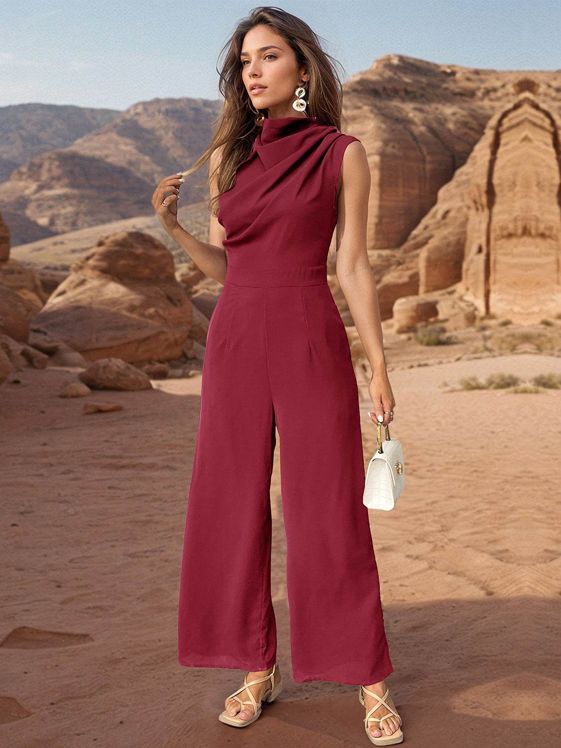 Perfee Ruched Mock Neck Sleeveless Jumpsuit - Delanoir