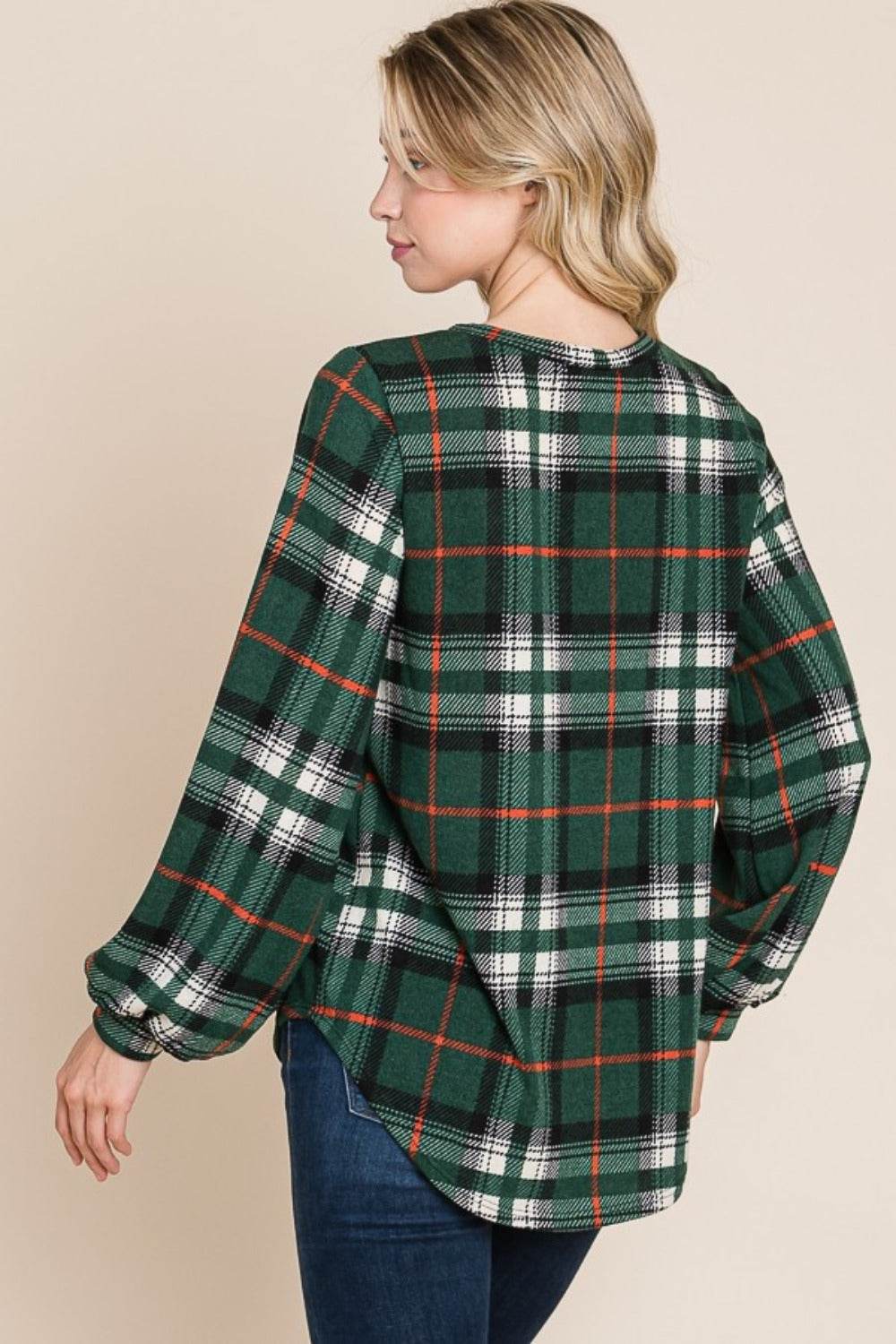 BOMBOM Curved Hem Plaid Round Neck Long Sleeve Top - Delanoir
