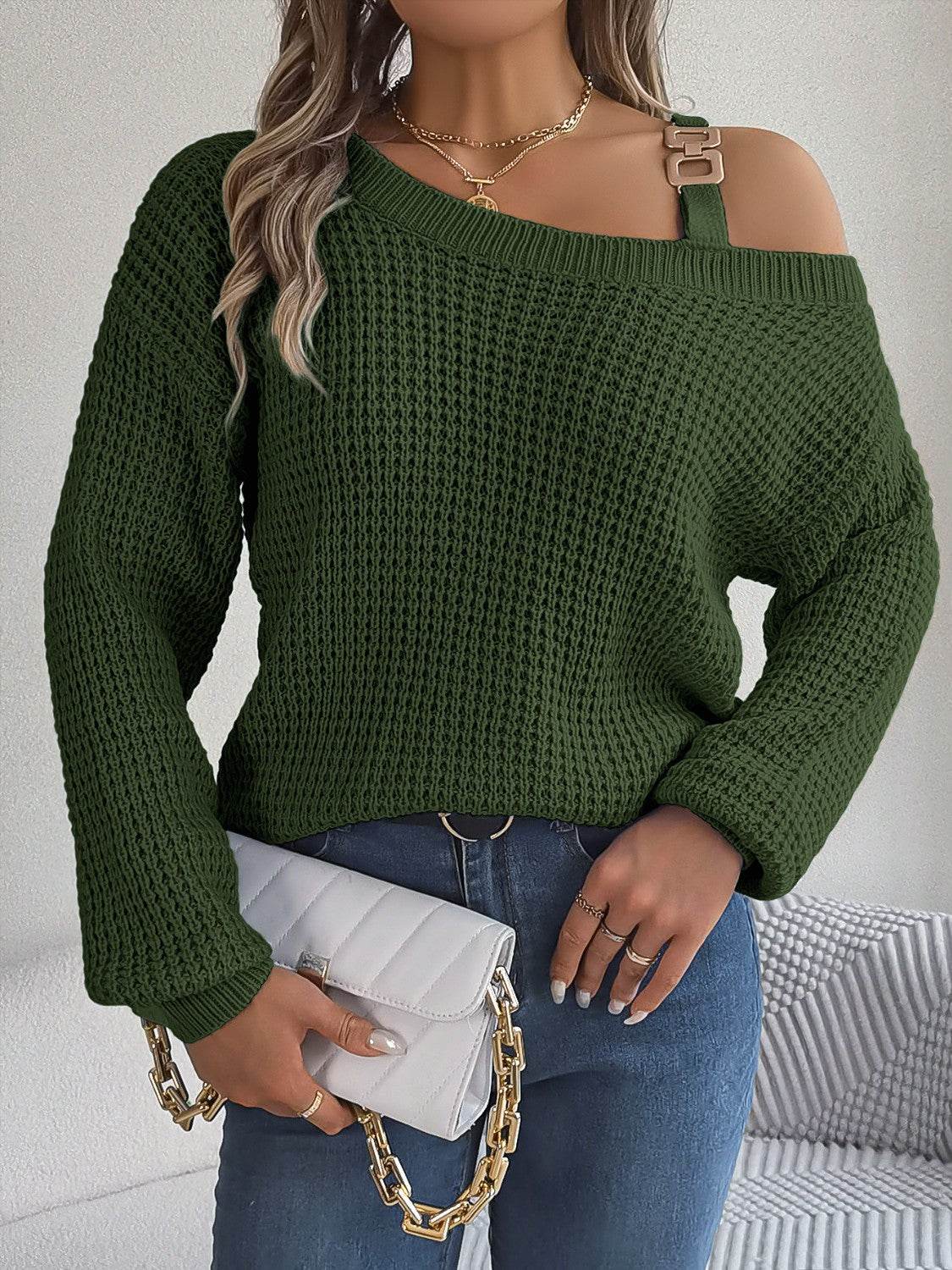 Asymmetrical Neck Long Sleeve Sweater - Delanoir