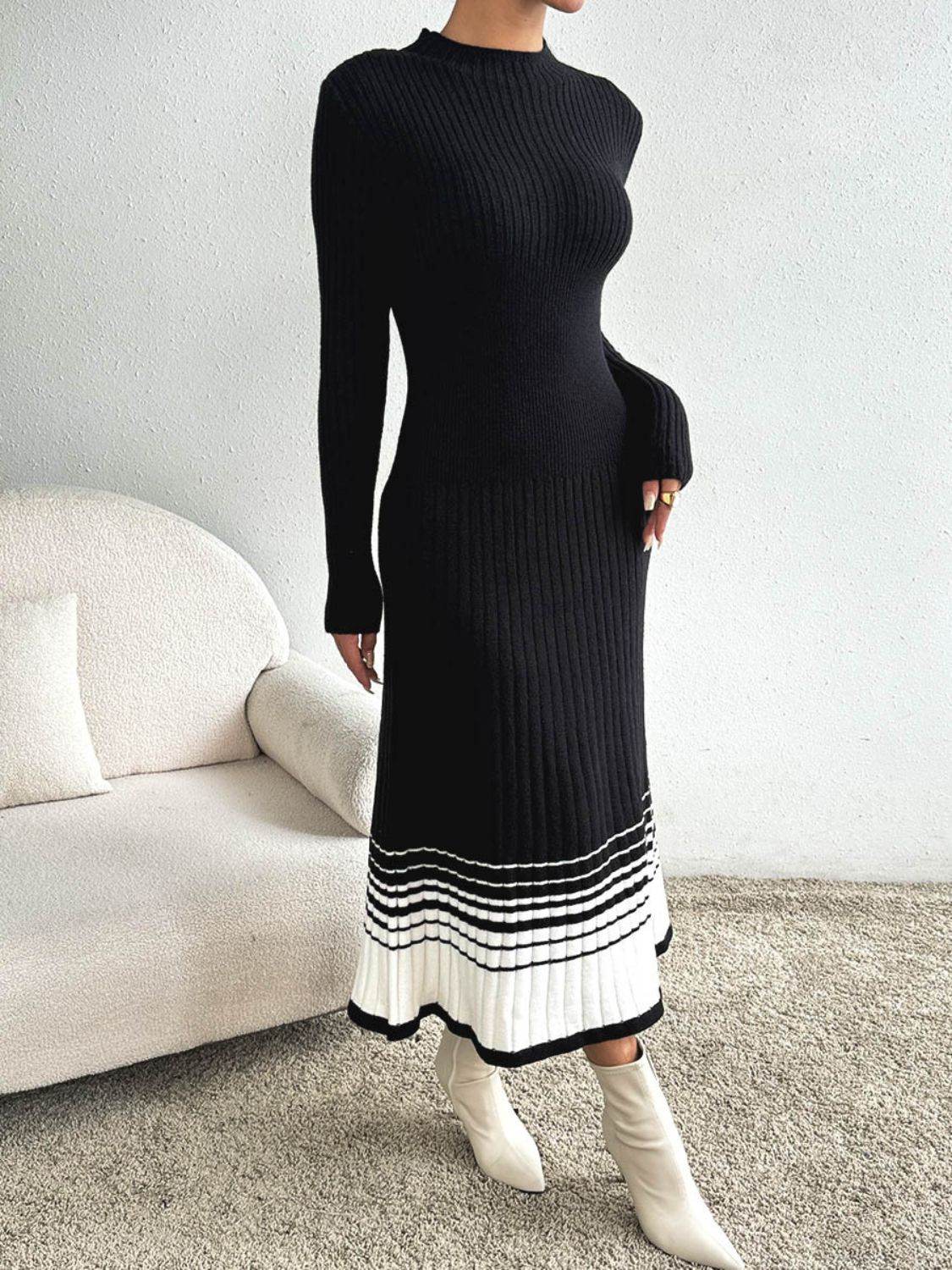 Contrast Mock Neck Long Sleeve Sweater Dress - Delanoir