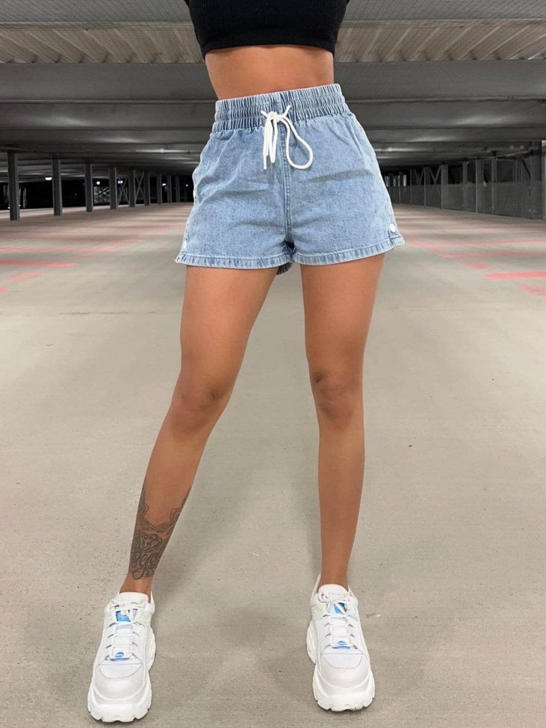 Drawstring High Waist Denim Shorts - Delanoir