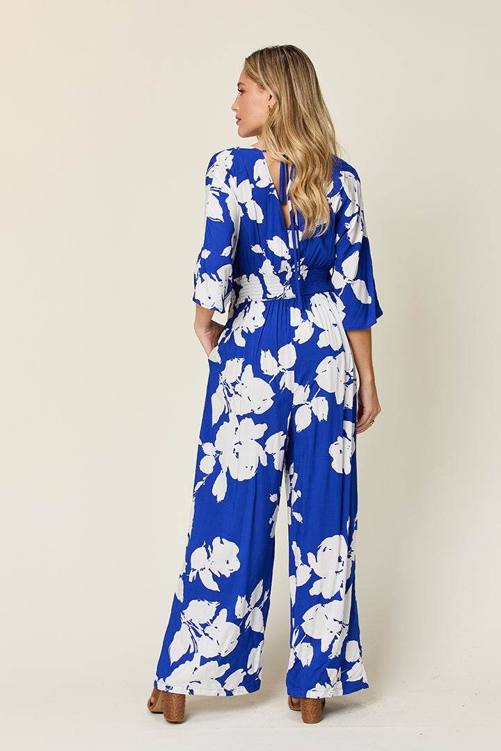 Double Take Full Size Printed Tie Back Wide Leg Jumpsuit - Delanoir