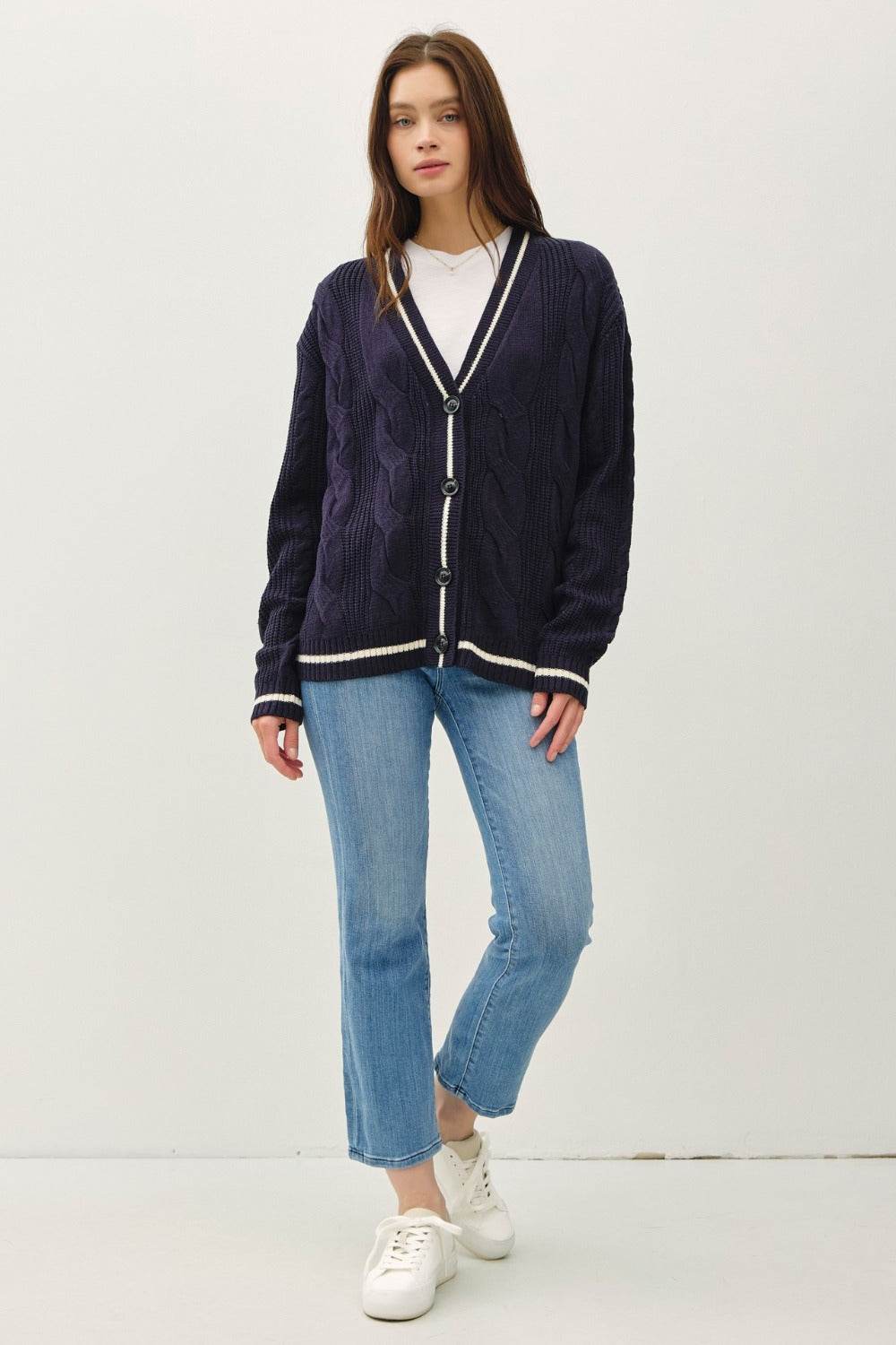 Be Cool Contrast Trim Cable-Knit V-Neck Cardigan - Delanoir