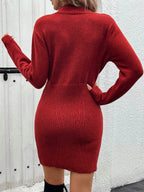 Perfee Cable-Knit Half Zip Long Sleeve Sweater Dress - Delanoir
