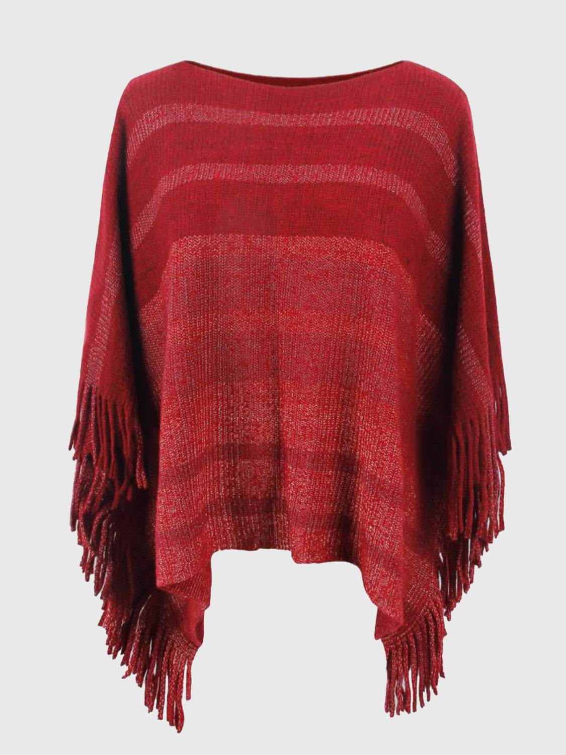 Striped Boat Neck Poncho with Fringes - Delanoir