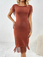 Fringe Openwork Boat Neck Knit Dress - Delanoir