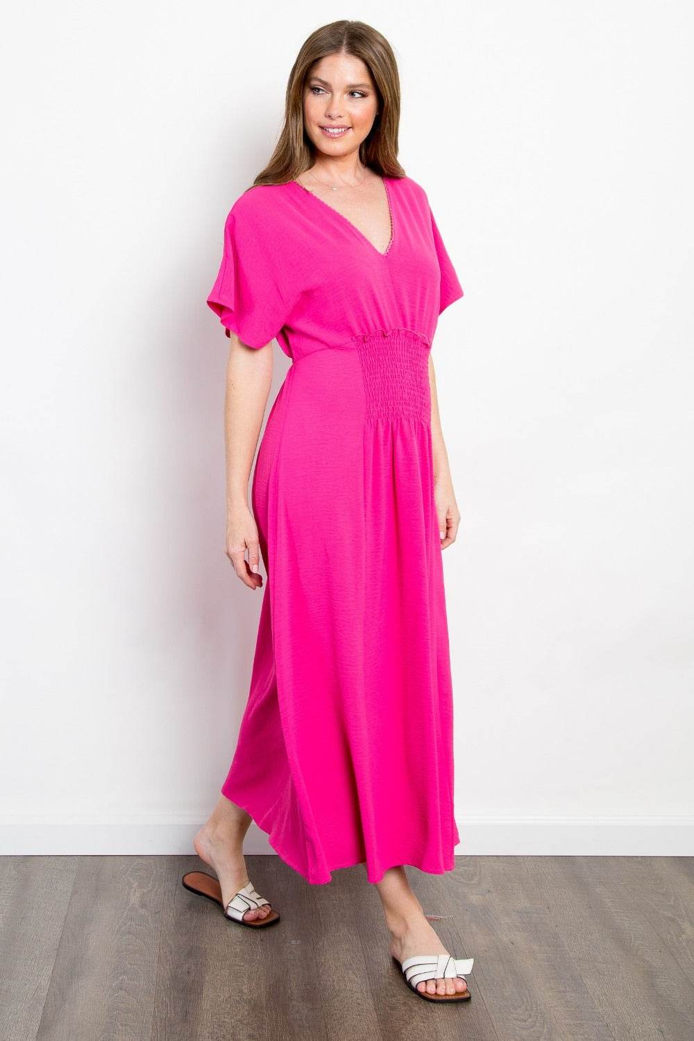 Be Stage Full Size Shirred Front Short Sleeve Maxi Dress - Delanoir