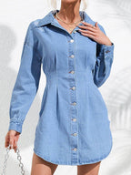 Distressed Button Up Long Sleeve Denim Dress - Delanoir