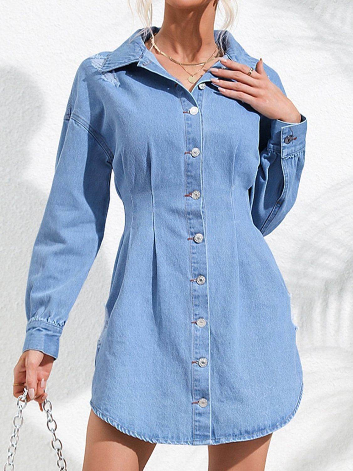 Distressed Button Up Long Sleeve Denim Dress - Delanoir
