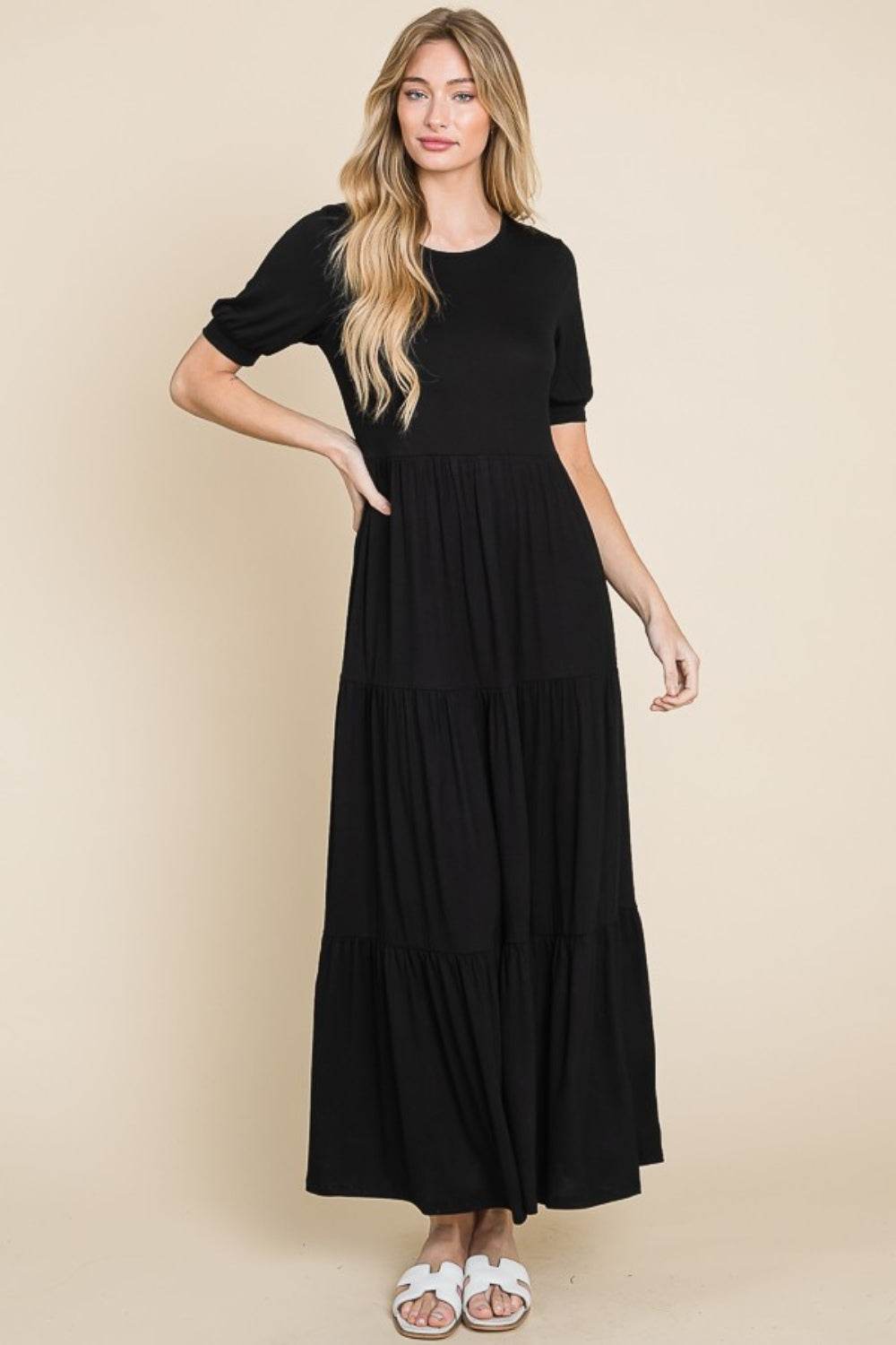 BOMBOM Short Sleeve Tiered Maxi Dress - Delanoir