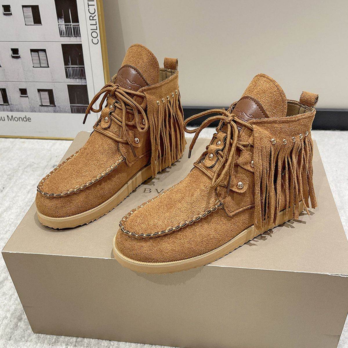 Fringe Studded Round Toe Canvas Boots - Delanoir