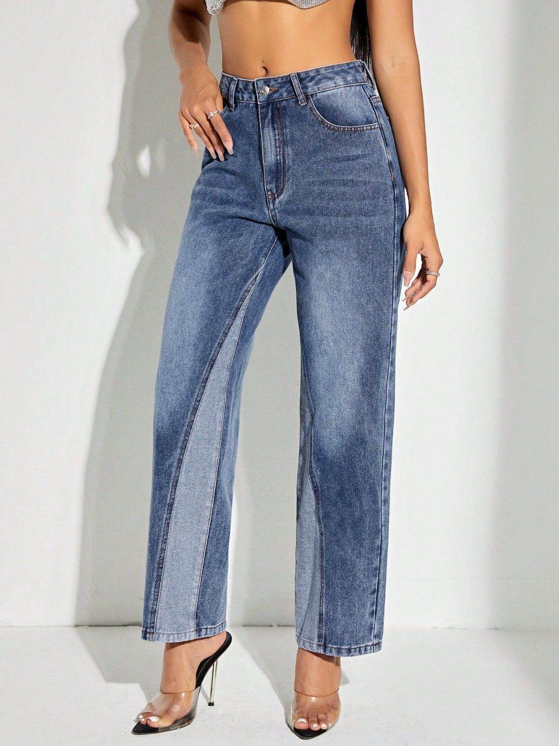 Contrast Patchwork Straight Jeans with Pockets - Delanoir
