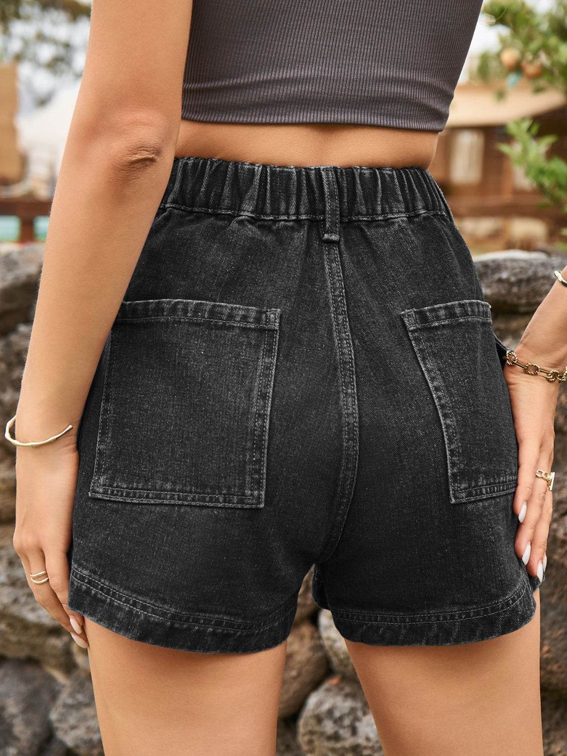 High Waist Denim Shorts with Pockets - Delanoir