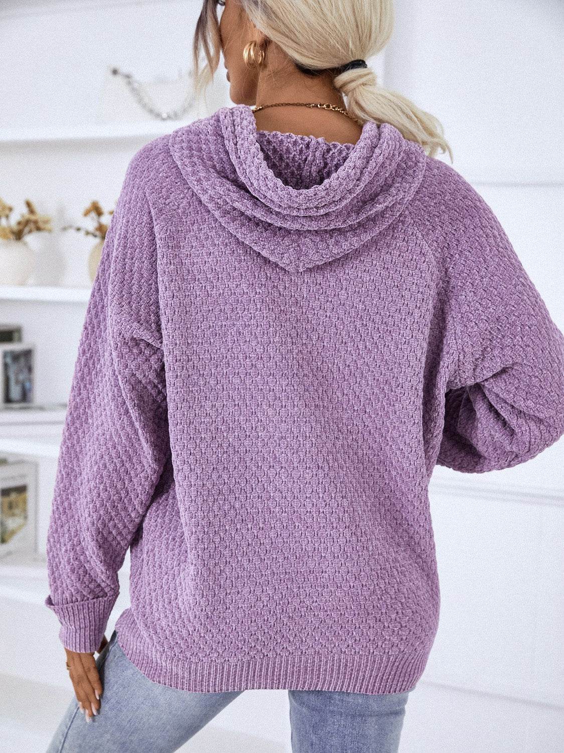 Texture Drawstring Long Sleeve Hooded Sweater - Delanoir