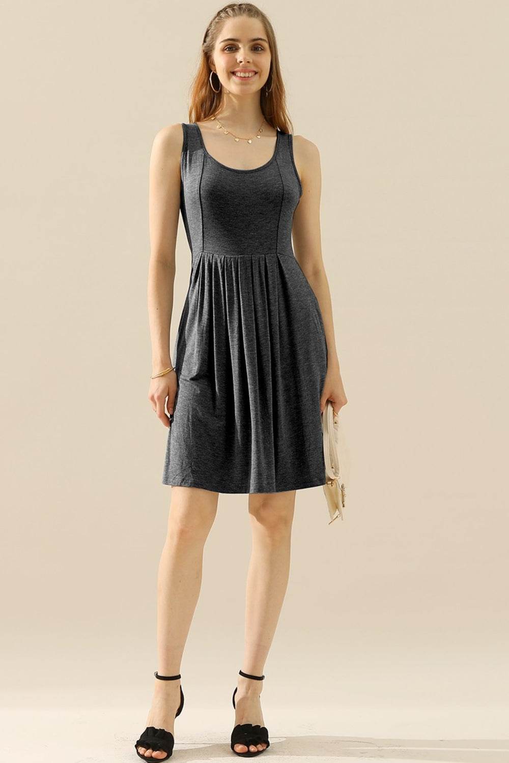 Doublju Full Size Round Neck Ruched Sleeveless Dress with Pockets - Delanoir