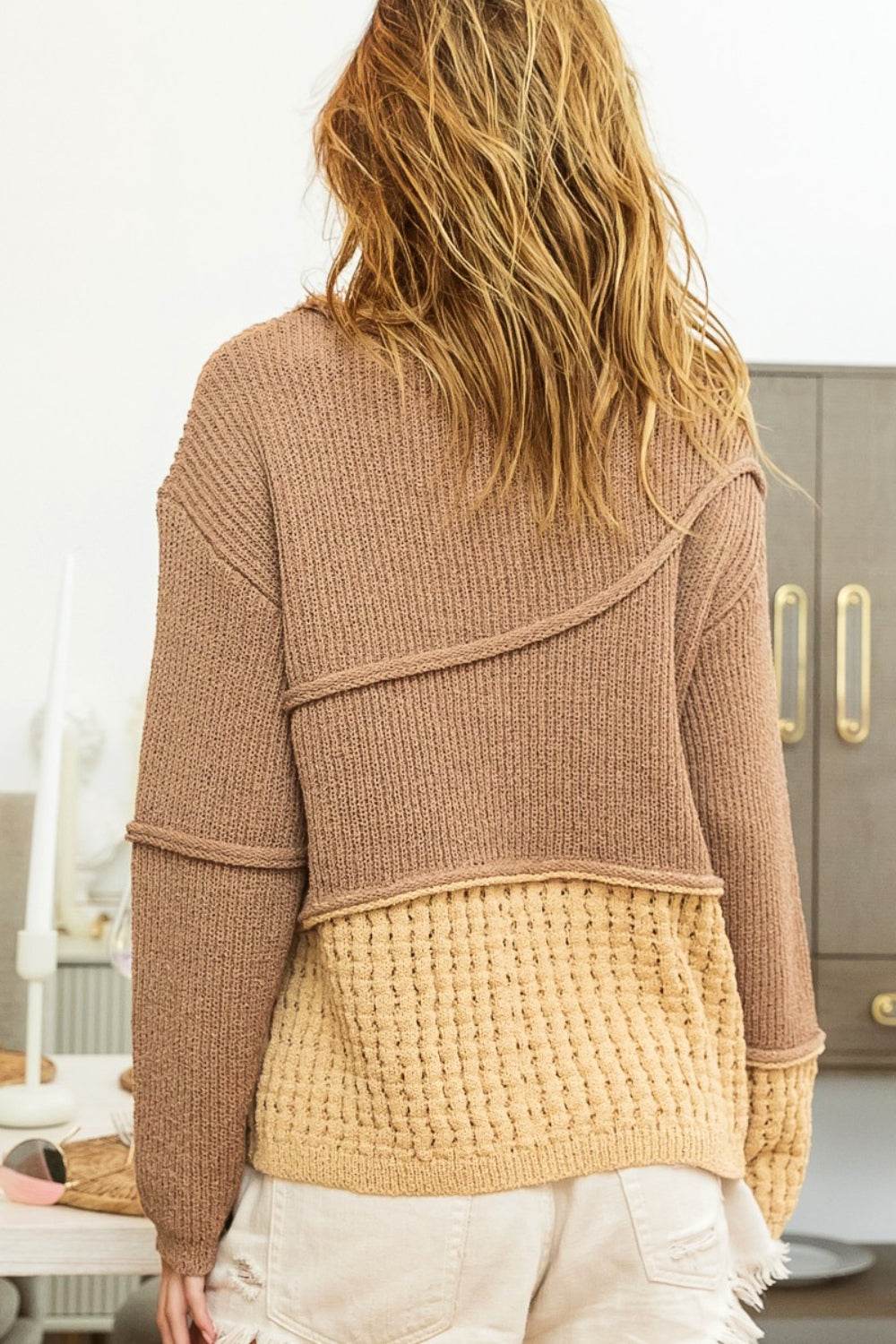 BiBi Texture Detail Contrast Drop Shoulder Sweater - Delanoir