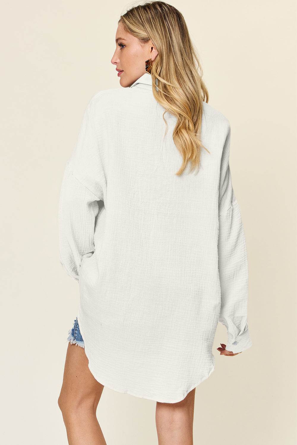 Double Take Full Size Pocketed Texture Button Up Shirt - Delanoir