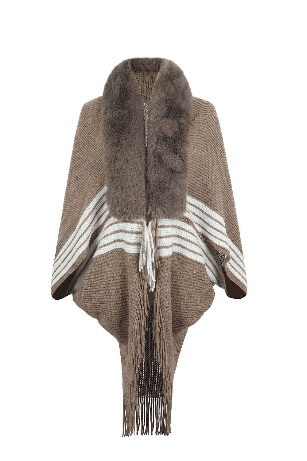 Striped Fringe Detail Long Sleeve Poncho - Delanoir