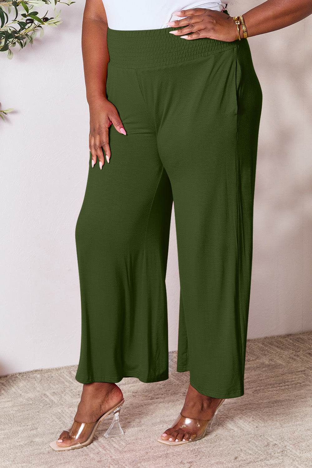 Double Take Full Size Smocked Wide Waistband Wide Leg Pants - Delanoir