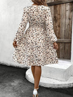 Printed Round Neck Long Sleeve Dress - Delanoir