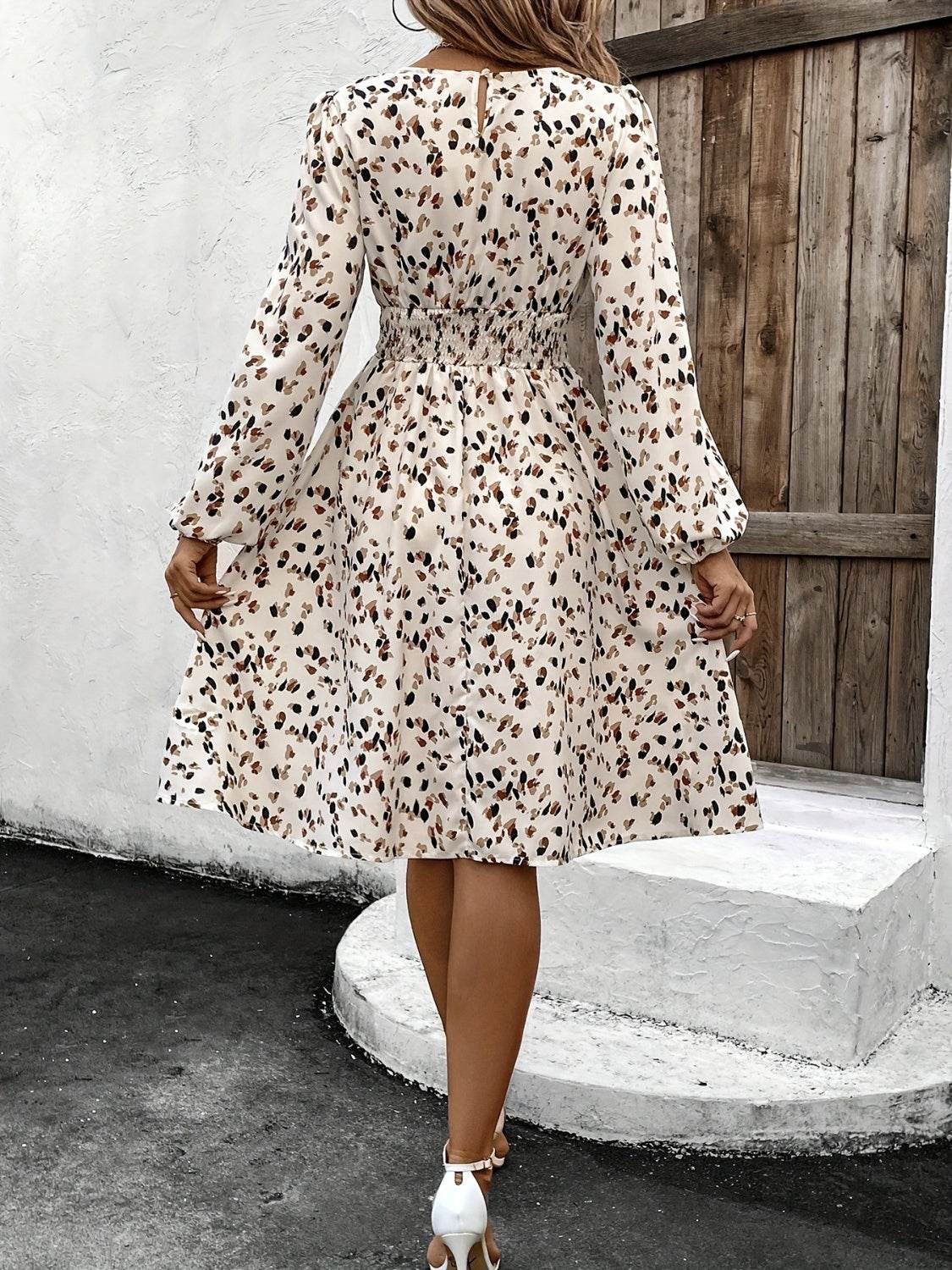 Printed Round Neck Long Sleeve Dress - Delanoir