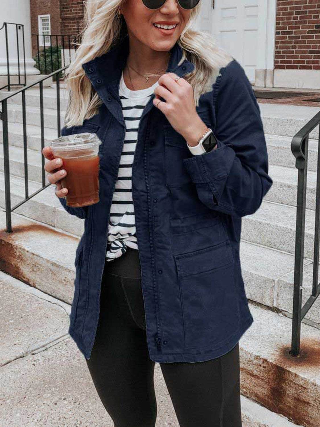 Pocketed Long Sleeve Zip Up Jacket - Delanoir