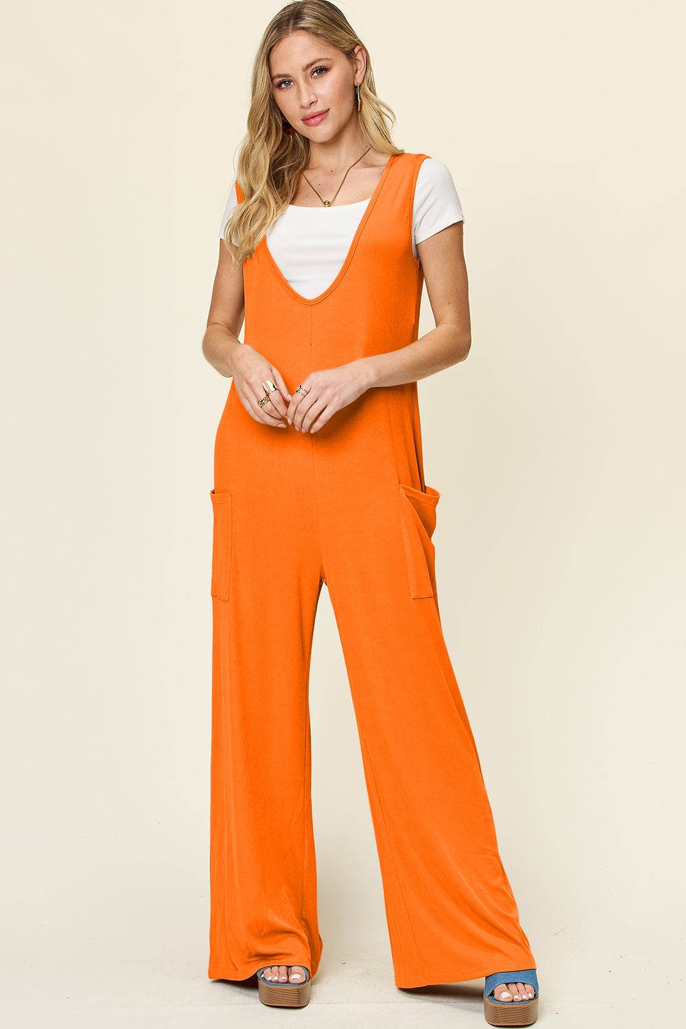 Double Take Full Size Sleeveless Wide Leg Jumpsuit with Pockets - Delanoir