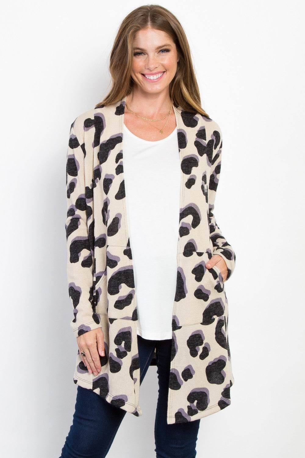 Be Stage Printed Open Front Knit Cardigan with Pockets - Delanoir