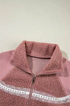 Lace Detail Zip Up Sherpa Patchwork Jacket - Delanoir