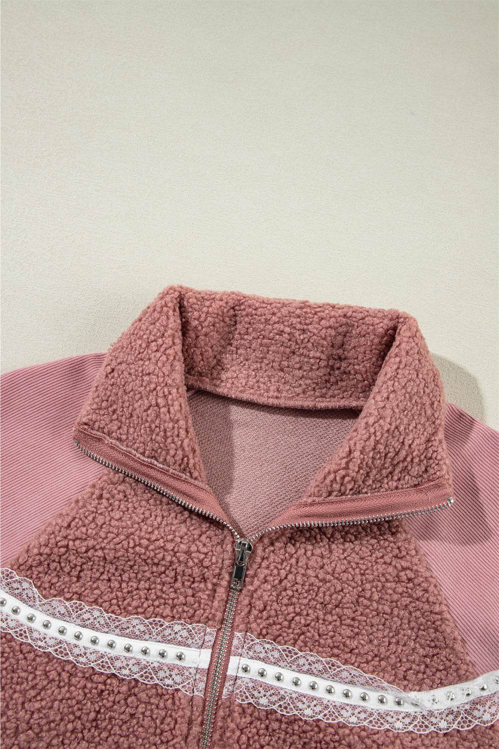 Lace Detail Zip Up Sherpa Patchwork Jacket - Delanoir
