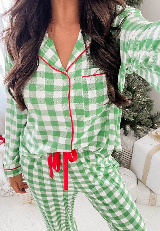 Plaid Collared Neck Long Sleeve Top and Pants Set - Delanoir