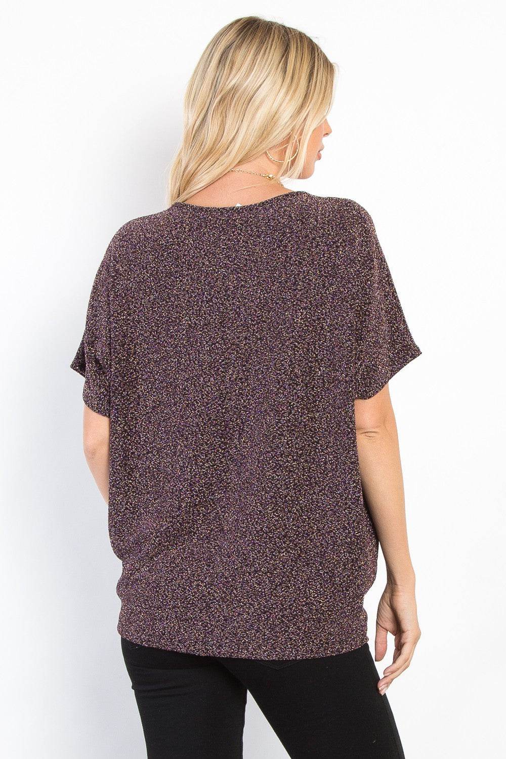 Be Stage Full Size Lurex Center Elastic Cinched Knit Top - Delanoir