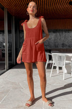 Full Size Scoop Neck Tie Shoulder Romper - Delanoir