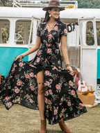 Split Printed V-Neck Short Sleeve Dress - Delanoir