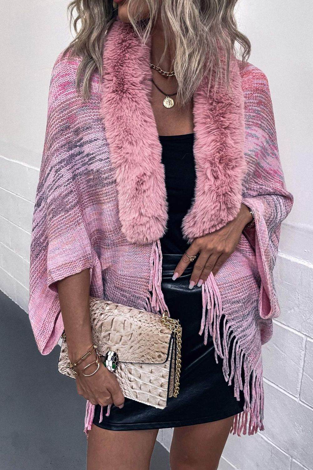 Open Front Fringe Hem Poncho - Delanoir
