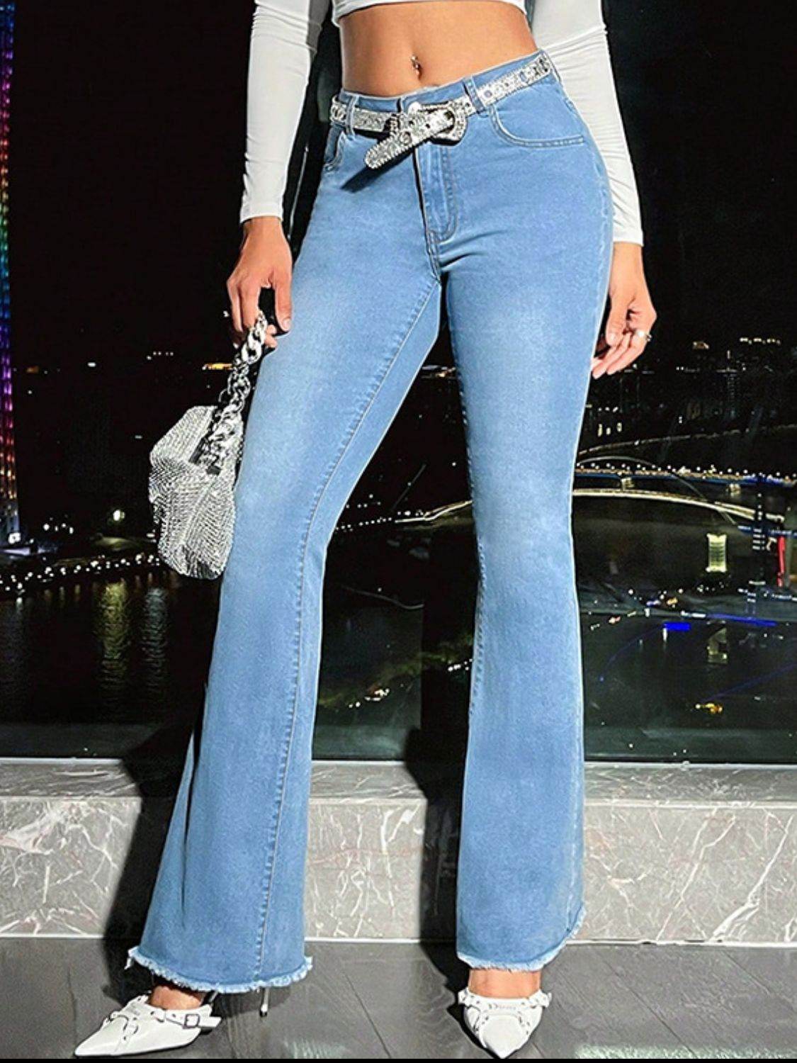 Raw Hem Bootcut Jeans with Pockets - Delanoir