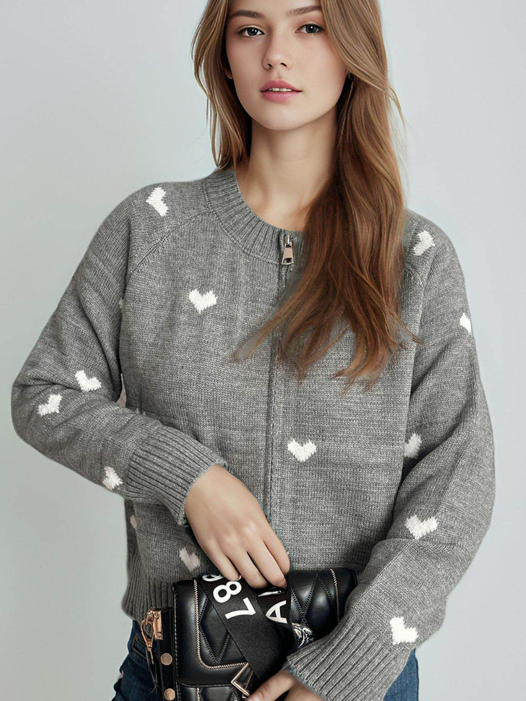 Heart Round Neck Zip Up Cardigan - Delanoir