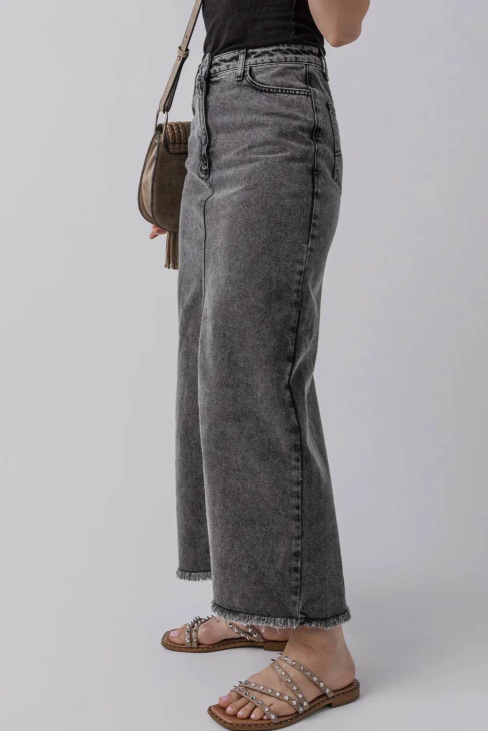 Raw Hem Midi Denim Skirt with Pockets - Delanoir