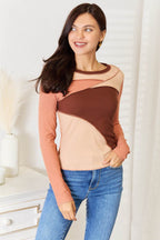 Double Take Color Block Exposed Seam Long Sleeve Top - Delanoir