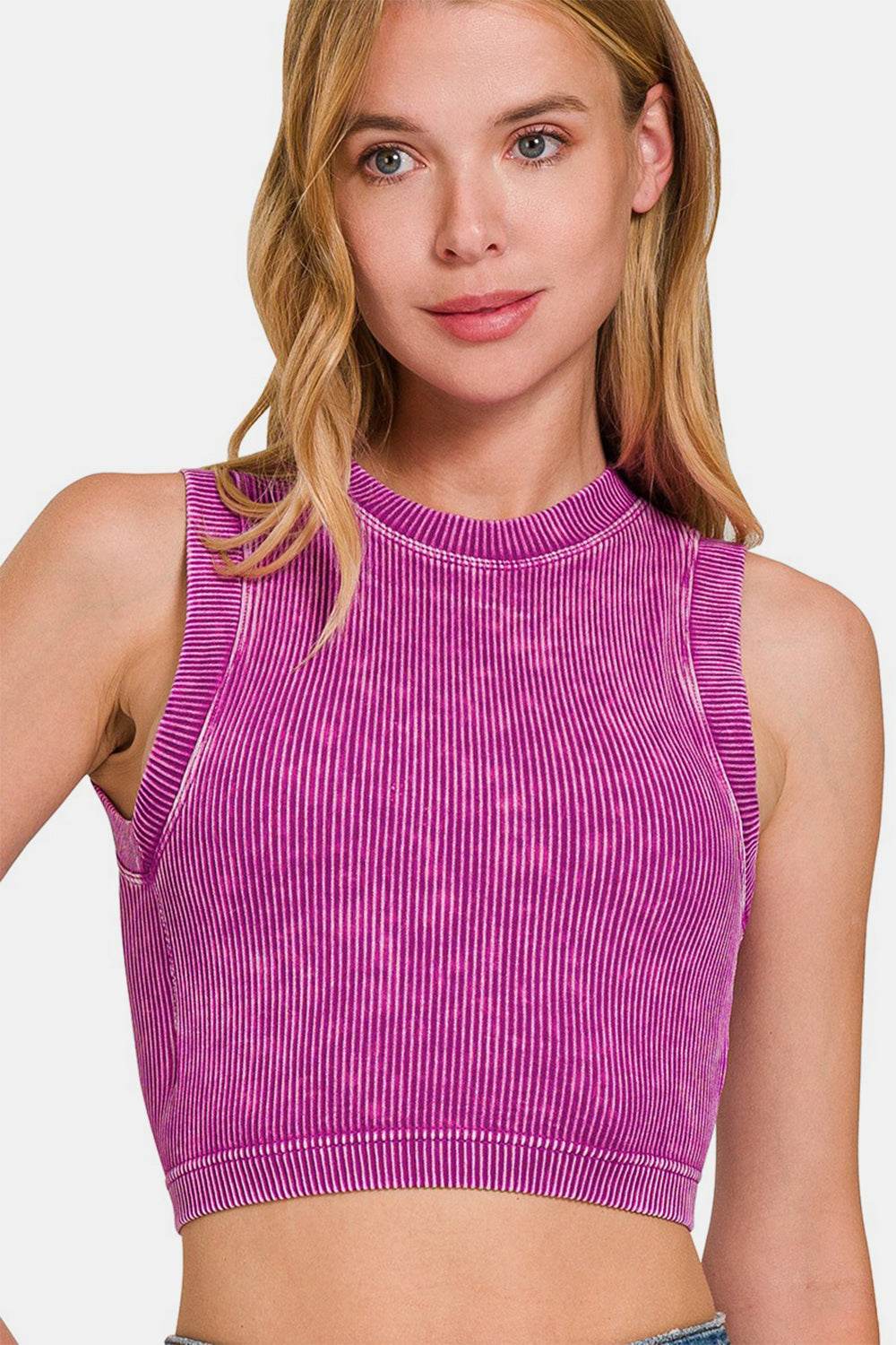 Zenana Washed Ribbed Seamless Crop Tank with Bra Pad - Delanoir