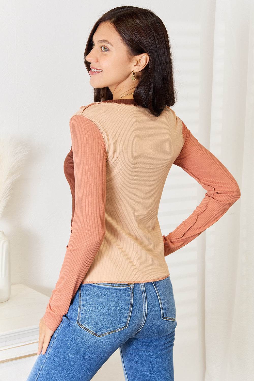 Double Take Color Block Exposed Seam Long Sleeve Top - Delanoir