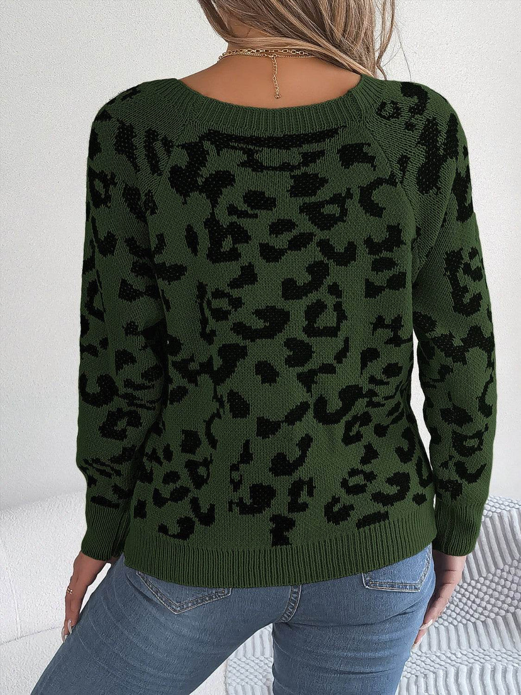 Leopard Buttoned Square Neck Sweater - Delanoir