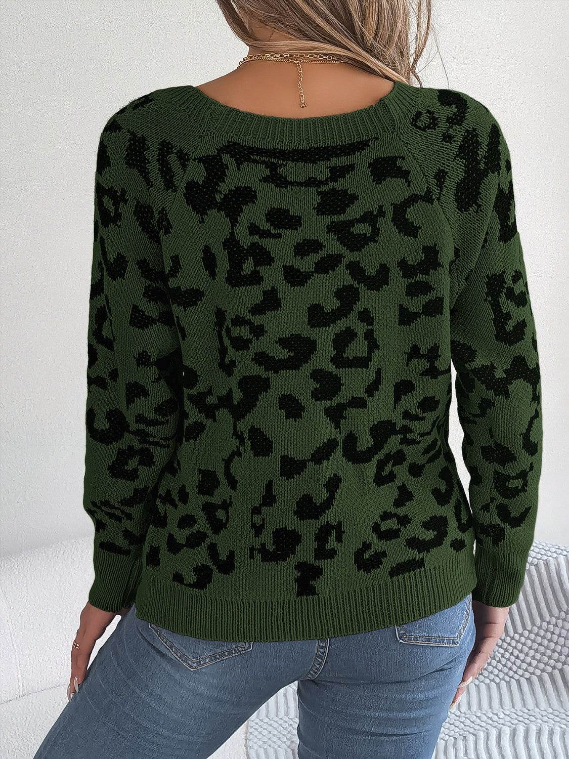 Leopard Buttoned Square Neck Sweater - Delanoir