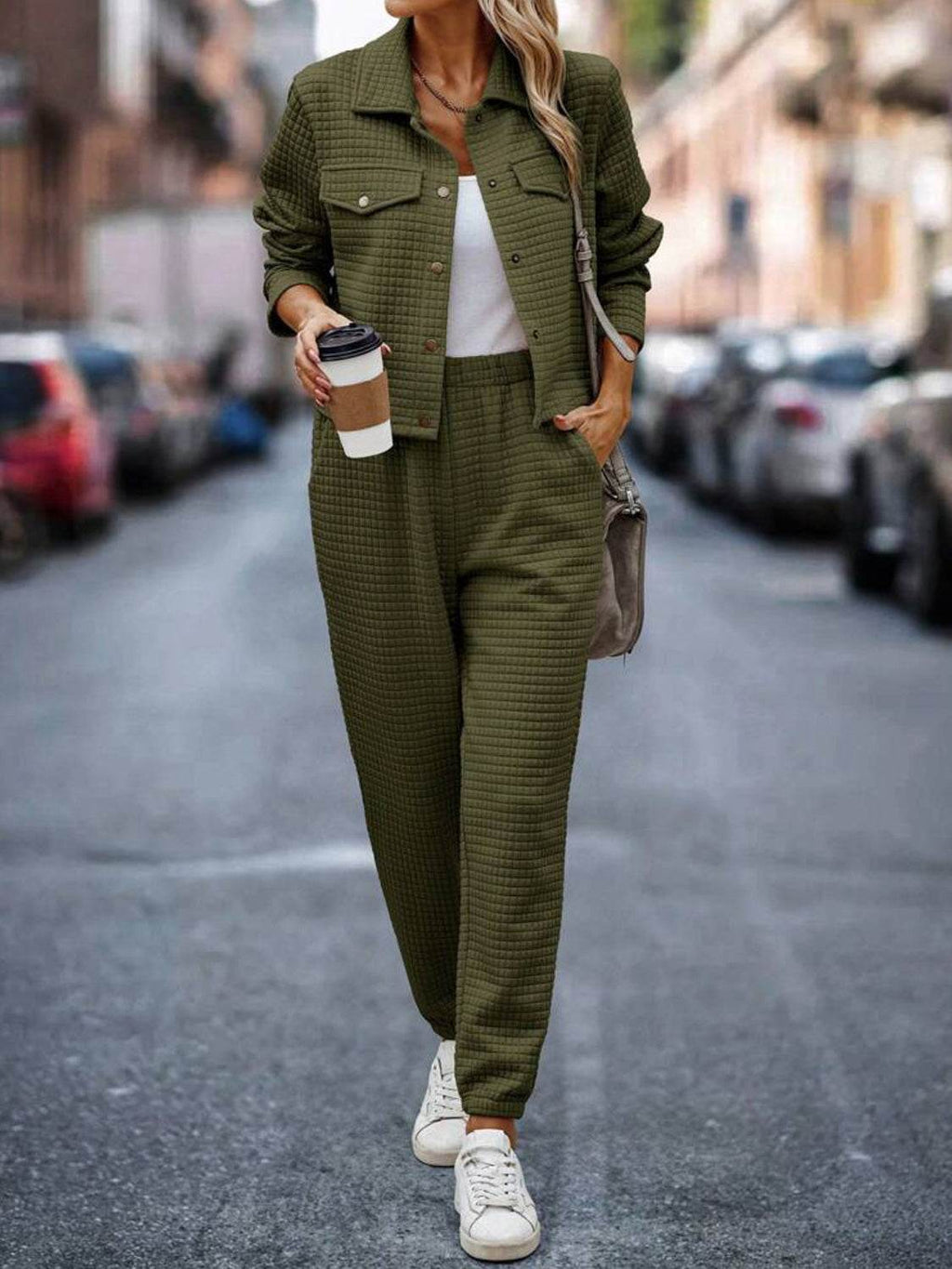 Plaid Texture Snap Down Top and Pants Set - Delanoir