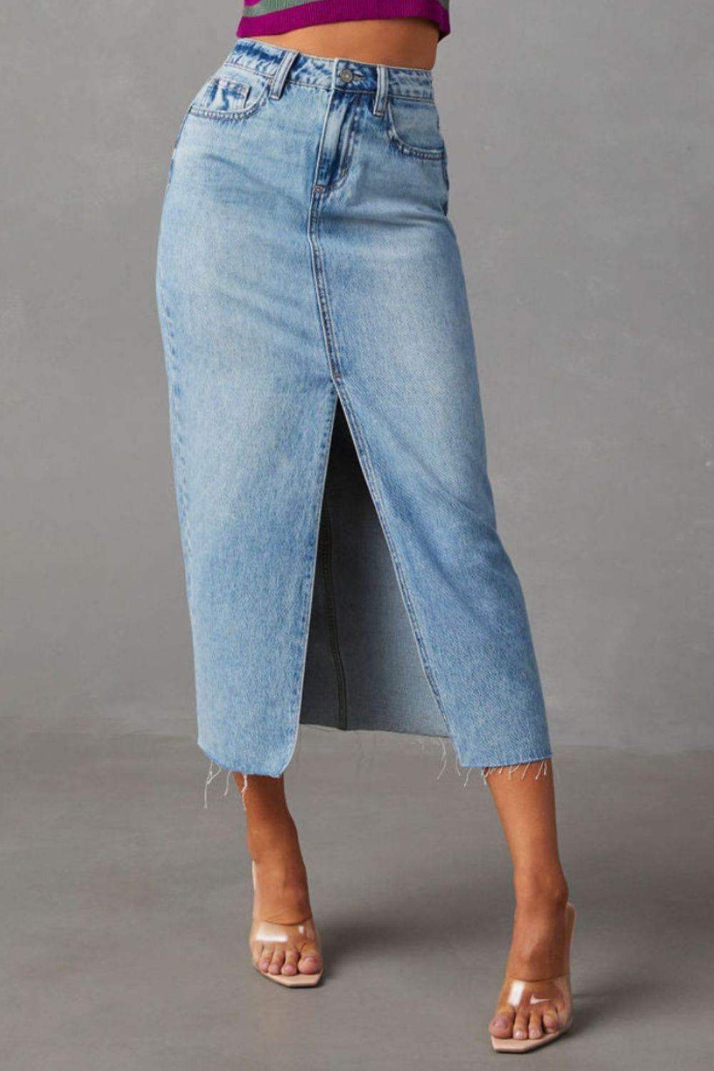 Slit Raw Hem Midi Denim Skirt - Delanoir