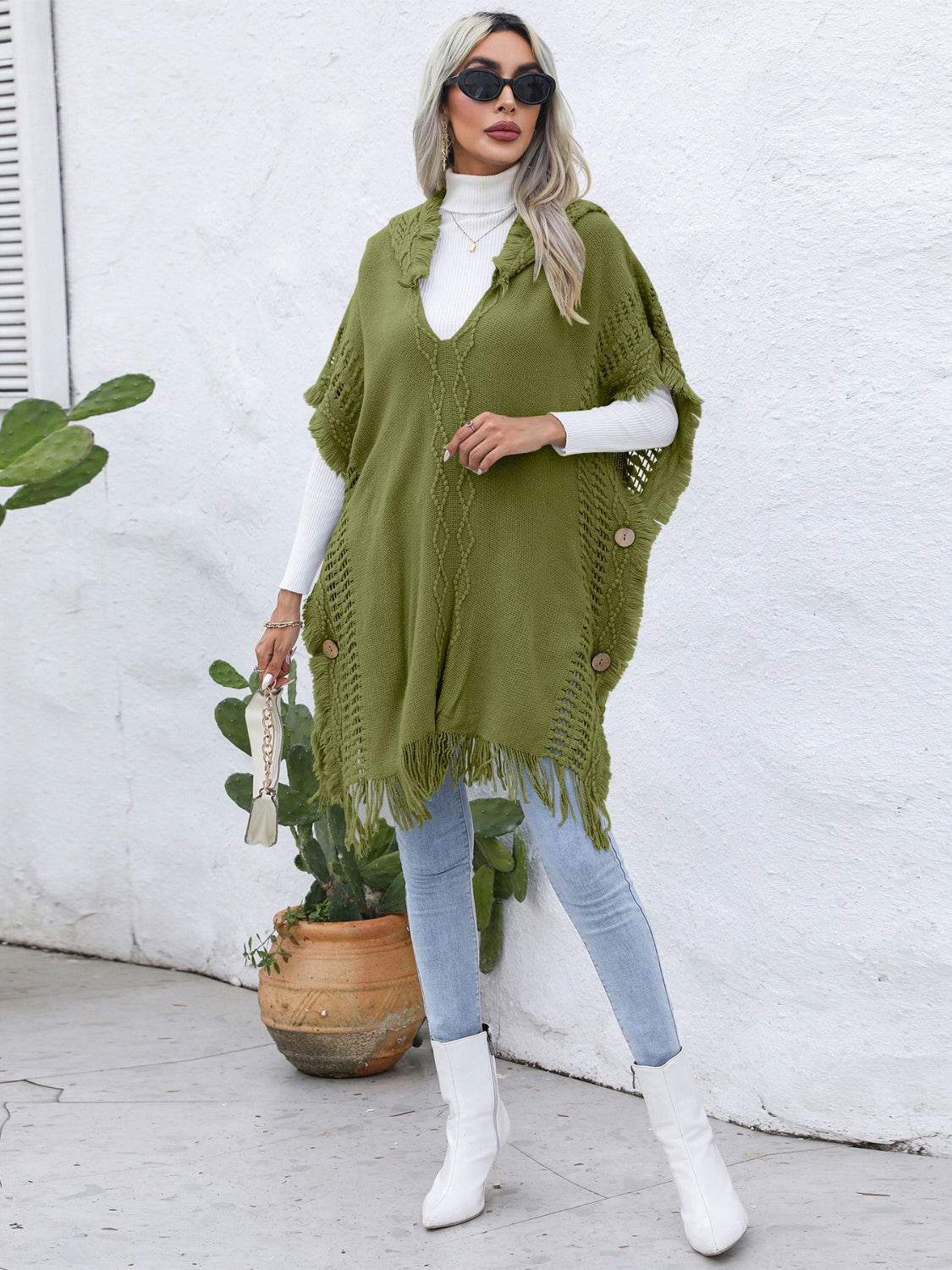 Fringe Trim Buttoned Hooded Poncho - Delanoir