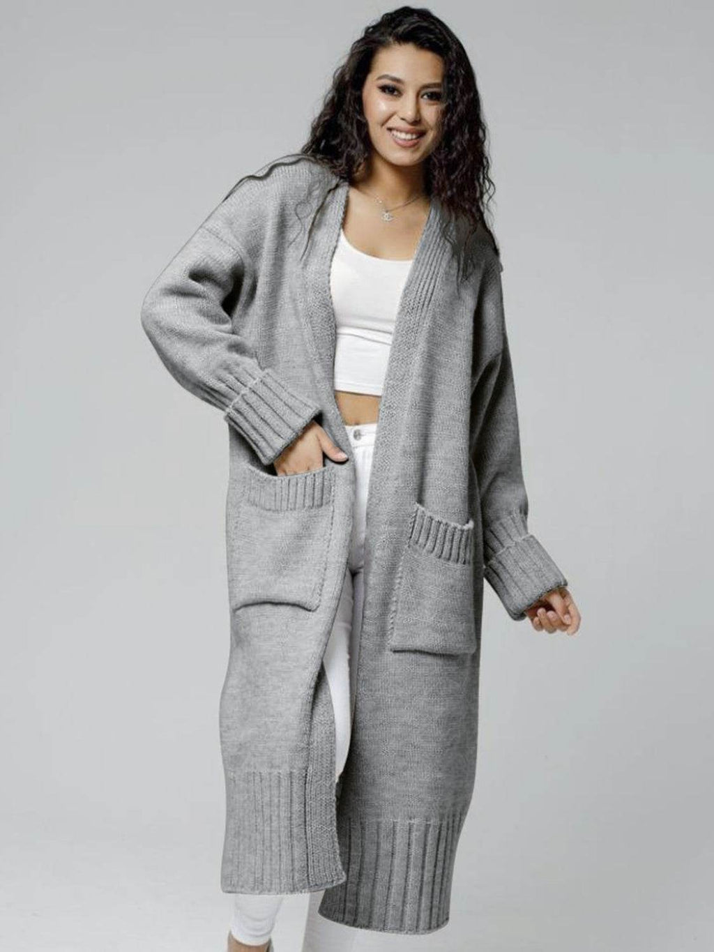 Pocketed Open Front Dropped Shoulder Cardigan - Delanoir
