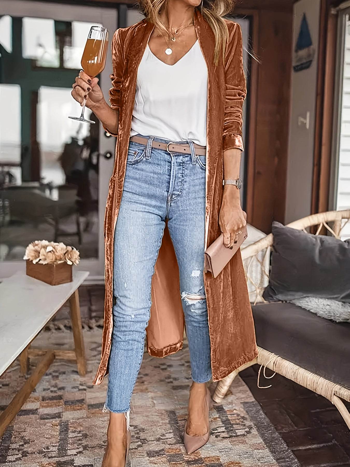 Open Front Long Sleeve Coat - Delanoir