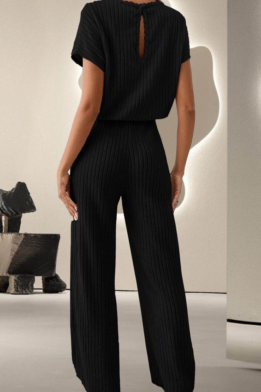 Round Neck Short Sleeve Jumpsuit - Delanoir