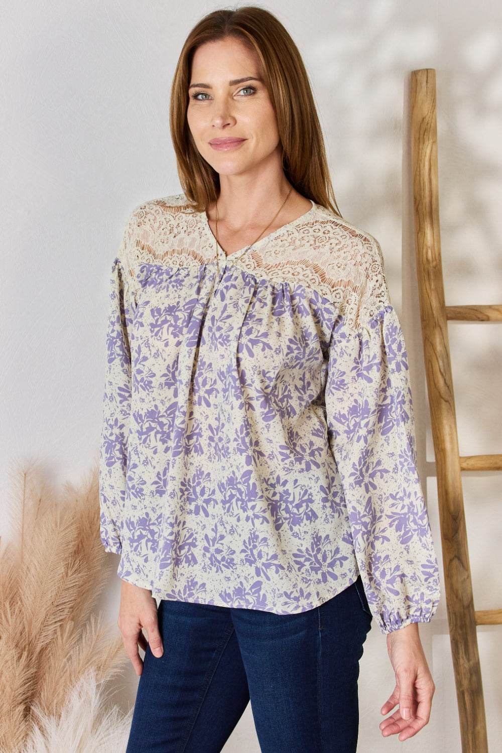 Hailey & Co Full Size Lace Detail Printed Blouse - Delanoir